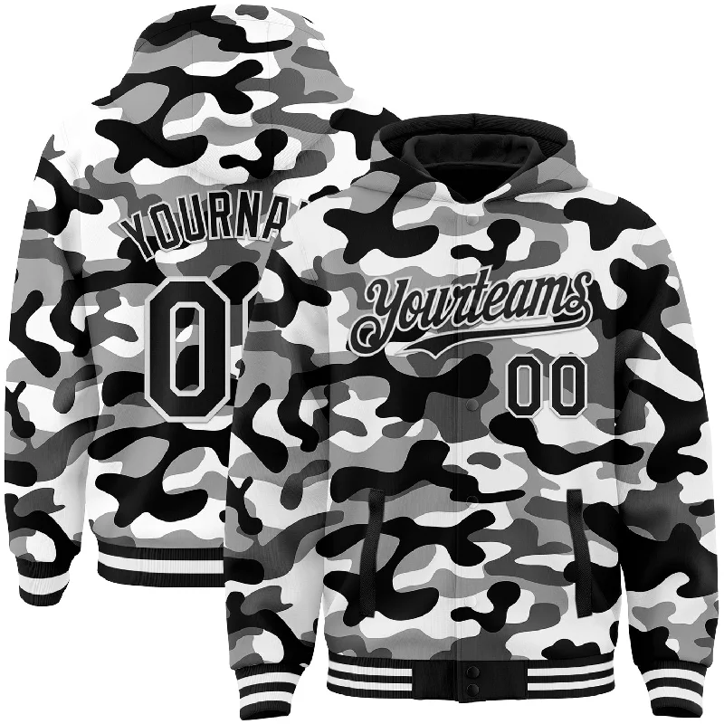 Cozy Hoodie with Extra Warmth for Winter-Custom Camo Black-White 3D Bomber Full-Snap Varsity Letterman Salute To Service Hoodie Jacket