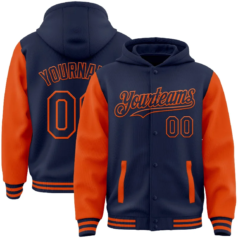 Comfortable Fleece Hoodie for Cold Weather-Custom Navy Orange Bomber Full-Snap Varsity Letterman Two Tone Hoodie Jacket