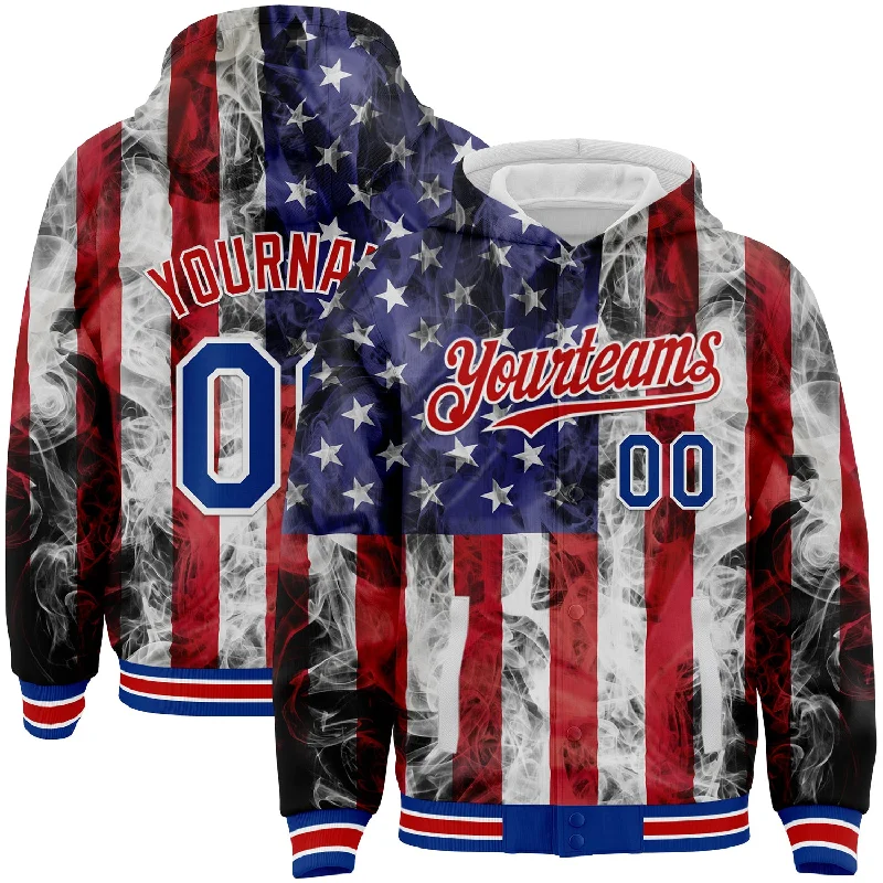 Soft Hoodie for Home Comfort-Custom White Royal-Red American Flag Fashion 3D Bomber Full-Snap Varsity Letterman Hoodie Jacket