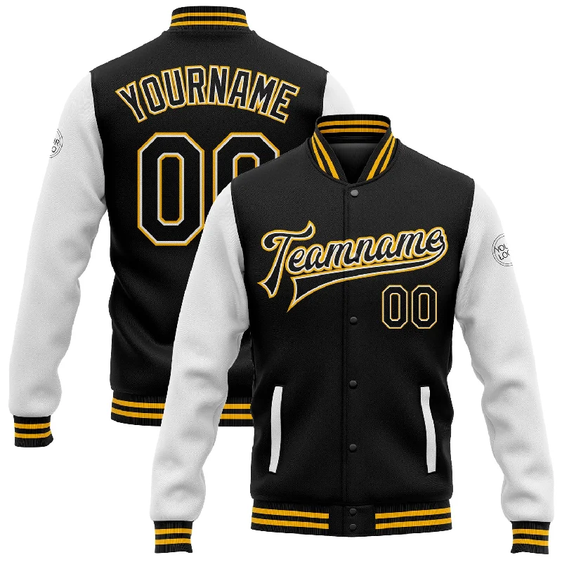 Casual Zip-Up Hoodie Jacket for Relaxed Days-Custom Black White-Gold Bomber Full-Snap Varsity Letterman Two Tone Jacket