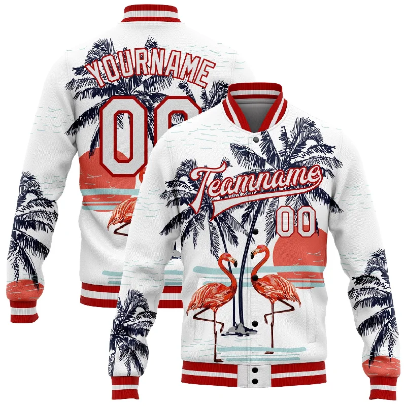 Fashionable Corduroy Jacket for Vintage Style-Custom White Red Flamingo And Tropical Hawaii Palm Tree 3D Bomber Full-Snap Varsity Letterman Jacket