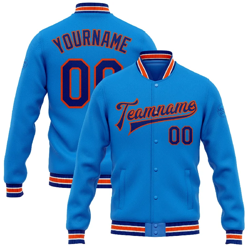 Classic Denim Jacket for Timeless Appeal-Custom Powder Blue Royal-Orange Bomber Full-Snap Varsity Letterman Jacket