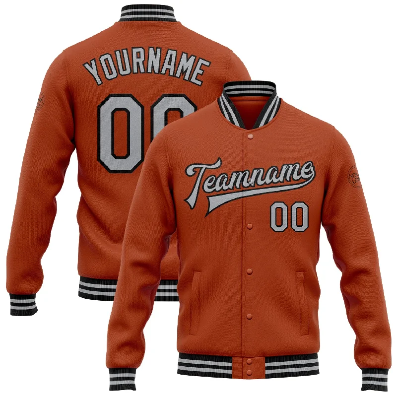 Modern Utility Jacket for Everyday Wear-Custom Texas Orange Gray-Black Bomber Full-Snap Varsity Letterman Jacket