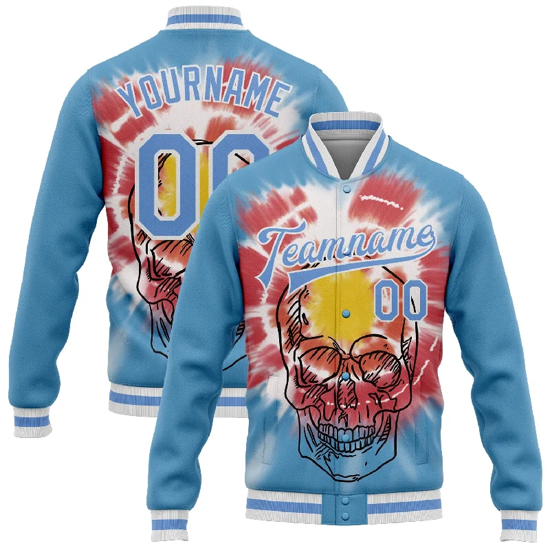 Casual Utility Jacket for Practical Wear-Custom Light Blue White Tie Dye Skull Fashion 3D Bomber Full-Snap Varsity Letterman Jacket