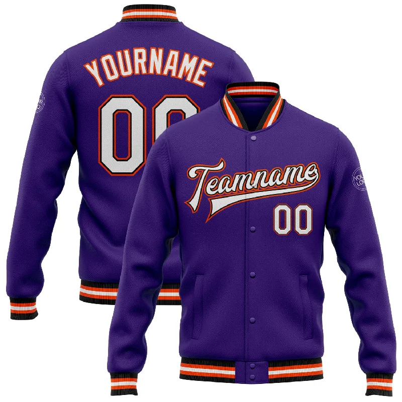 Trendy Shacket Jacket for Fashion Layering-Custom Purple White Black-Orange Bomber Full-Snap Varsity Letterman Jacket