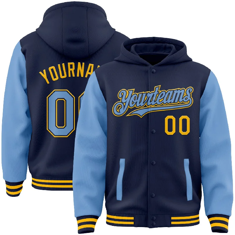 Fashionable Oversized Hoodie for Street Style-Custom Navy Light Blue-Gold Bomber Full-Snap Varsity Letterman Two Tone Hoodie Jacket