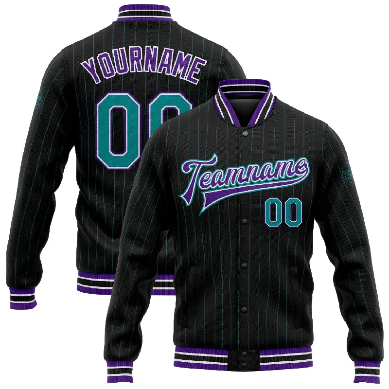 Insulated Hooded Jacket for Chilly Weather-Custom Black Teal Pinstripe Purple Bomber Full-Snap Varsity Letterman Jacket