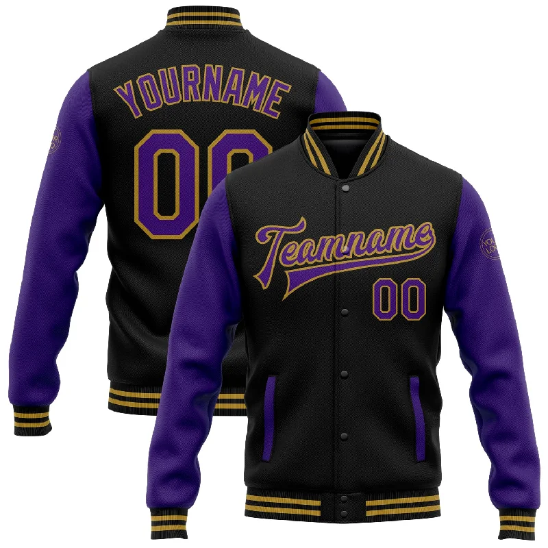 Stylish Leather Jacket for Bold Fashion-Custom Black Purple-Old Gold Bomber Full-Snap Varsity Letterman Two Tone Jacket