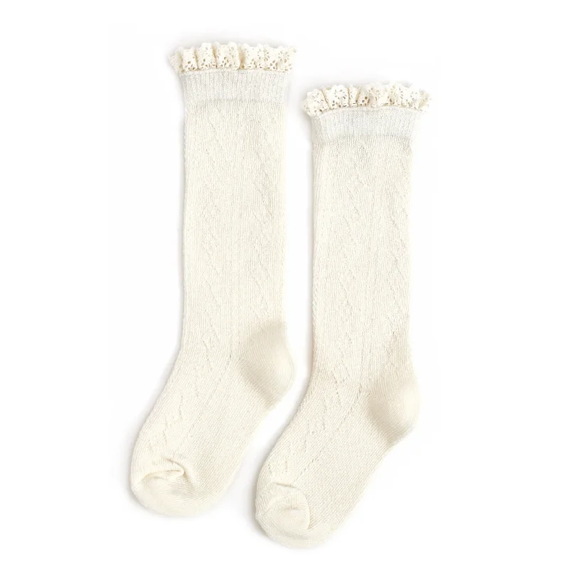 Luxury Dress Socks for Special Occasions-Ivory Fancy Lace Top Knee High Socks