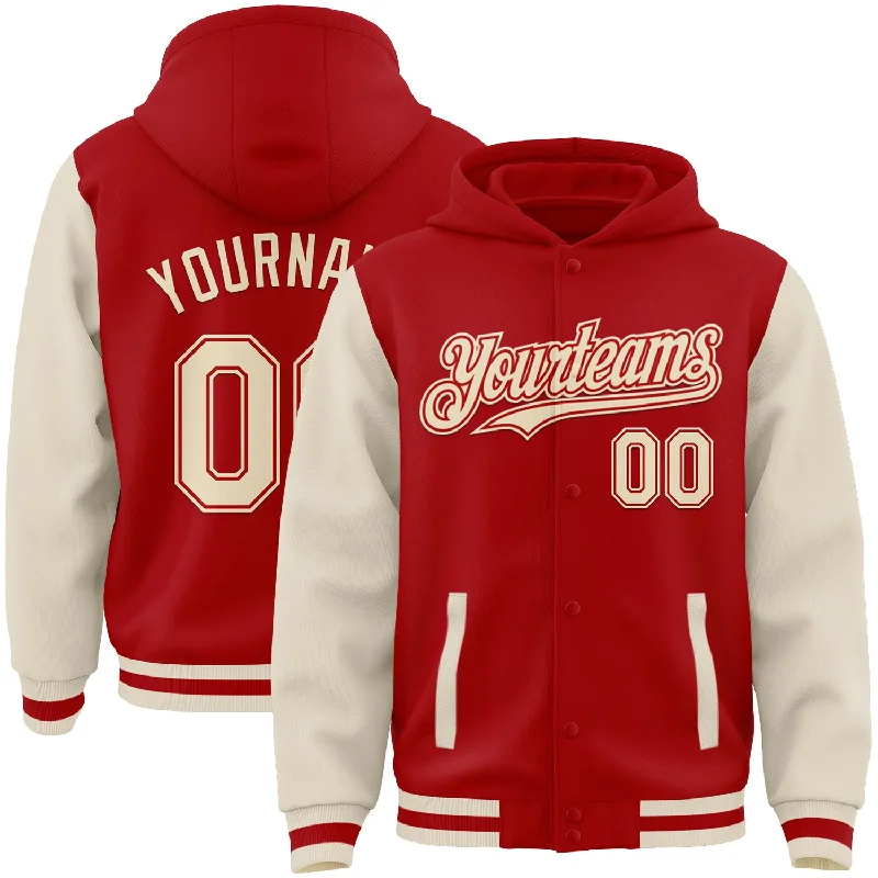 Comfortable Hoodie for Post-Workout Relaxation-Custom Red Cream Bomber Full-Snap Varsity Letterman Two Tone Hoodie Jacket