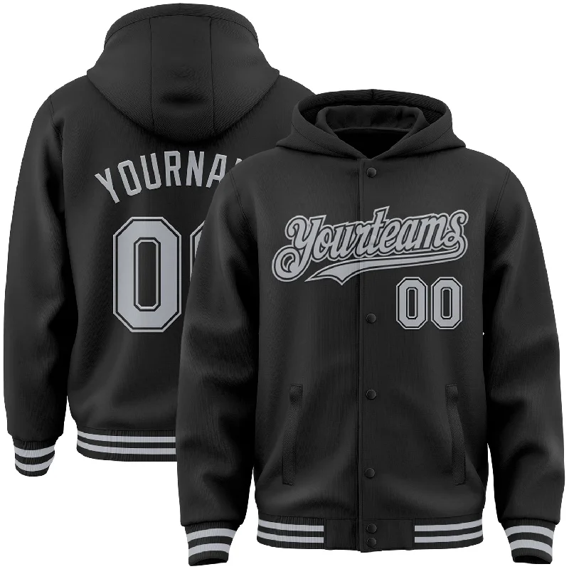 Cozy Hoodie for Cool Evenings-Custom Black Gray Bomber Full-Snap Varsity Letterman Hoodie Jacket