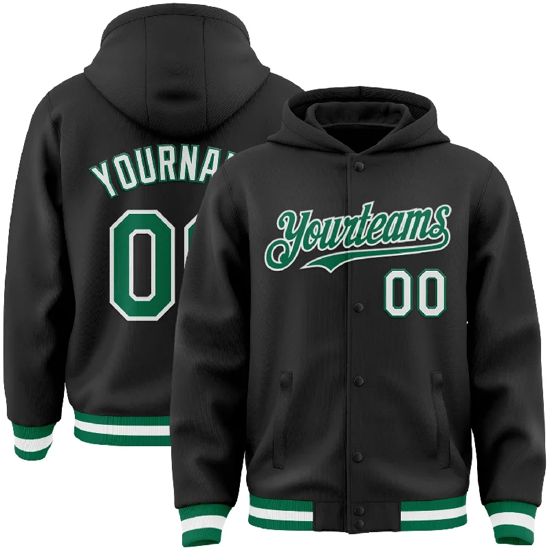 Lightweight Hooded Sweatshirt for Cool Days-Custom Black Kelly Green-White Bomber Full-Snap Varsity Letterman Hoodie Jacket