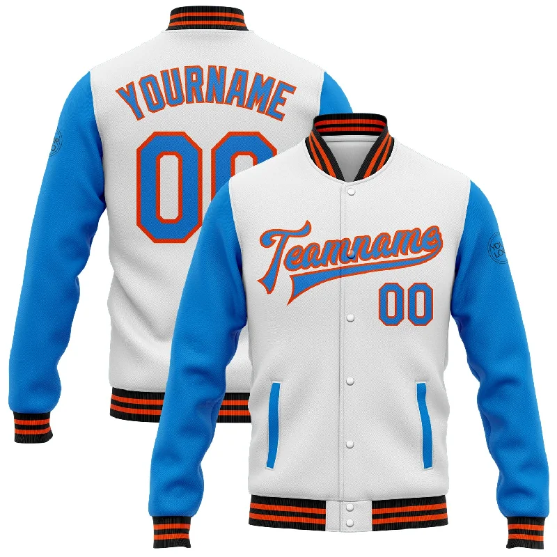 Stylish Leather Jacket for Bold Fashion-Custom White Powder Blue Orange-Black Bomber Full-Snap Varsity Letterman Two Tone Jacket