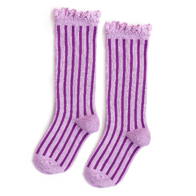 High-Performance Compression Socks for Recovery-Purple Striped Lace Top Knee High Socks