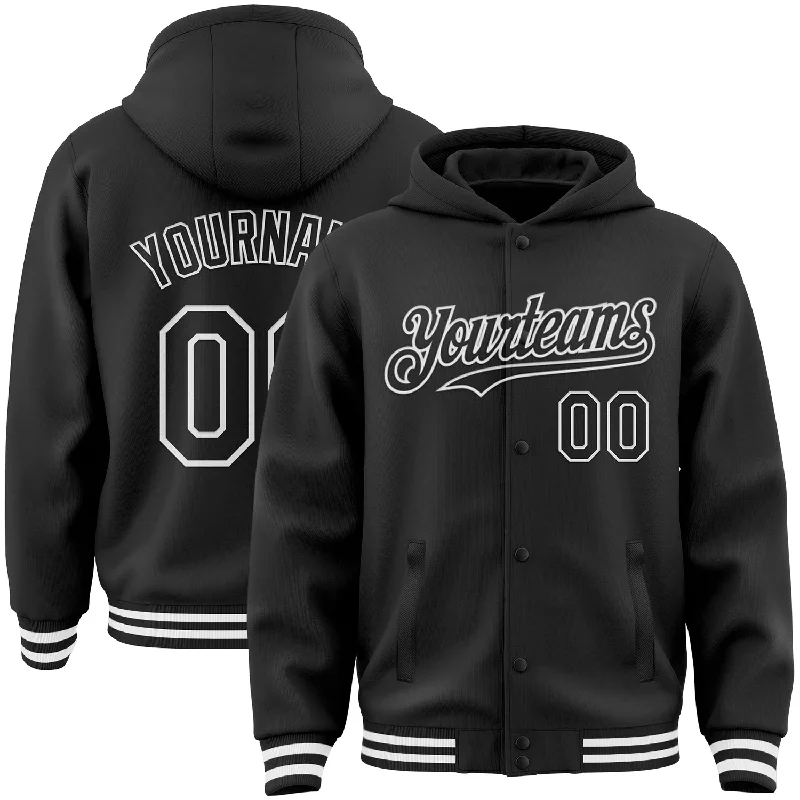 Practical Hoodie for All-Day Wear-Custom Black White Bomber Full-Snap Varsity Letterman Hoodie Jacket