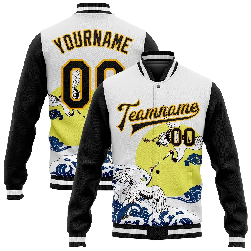 Functional Waterproof Jacket for Outdoor Activities-Custom White Black-Gold Heron And Wave 3D Pattern Design Bomber Full-Snap Varsity Letterman Jacket