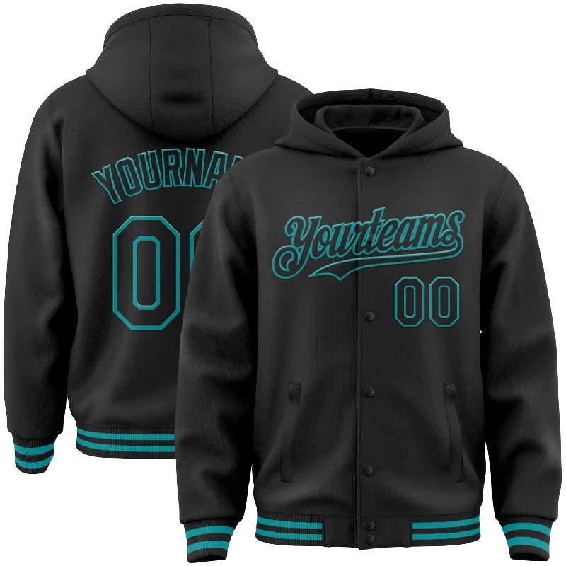 Lightweight Hoodie for Breezy Days-Custom Black Teal Bomber Full-Snap Varsity Letterman Hoodie Jacket