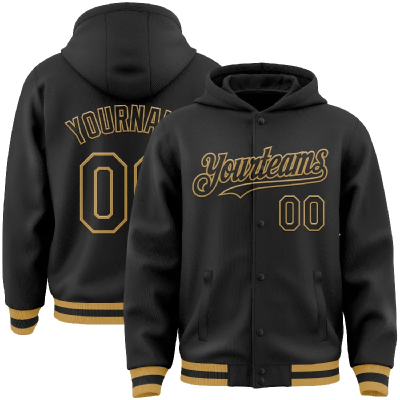 Soft Sherpa Hoodie for Ultimate Warmth-Custom Black Old Gold Bomber Full-Snap Varsity Letterman Hoodie Jacket