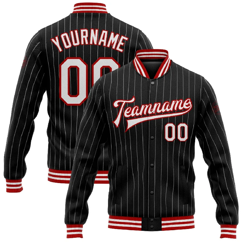 Athletic Zip Jacket for Sports Performance-Custom Black White Pinstripe Red Bomber Full-Snap Varsity Letterman Jacket