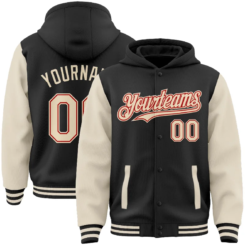 Stylish Hoodie with Ribbed Cuffs for Perfect Fit-Custom Black Cream-Red Bomber Full-Snap Varsity Letterman Two Tone Hoodie Jacket