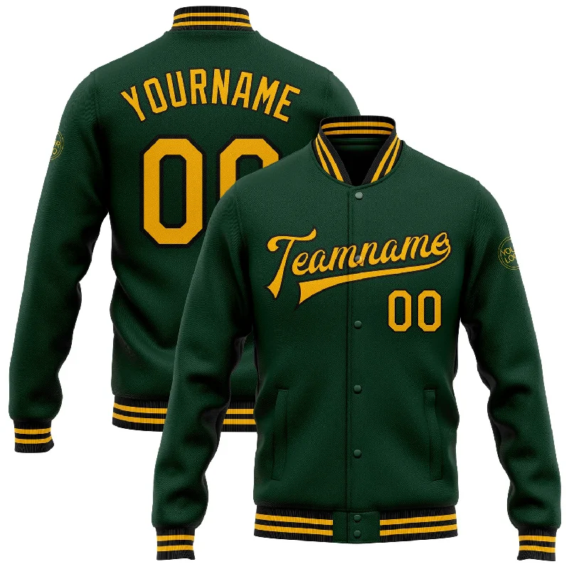 Classic Military Jacket for Everyday Looks-Custom Green Gold-Black Bomber Full-Snap Varsity Letterman Jacket