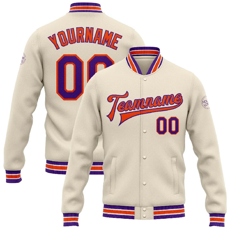 Comfortable Fitted Jacket for Everyday Wear-Custom Cream Purple-Orange Bomber Full-Snap Varsity Letterman Jacket