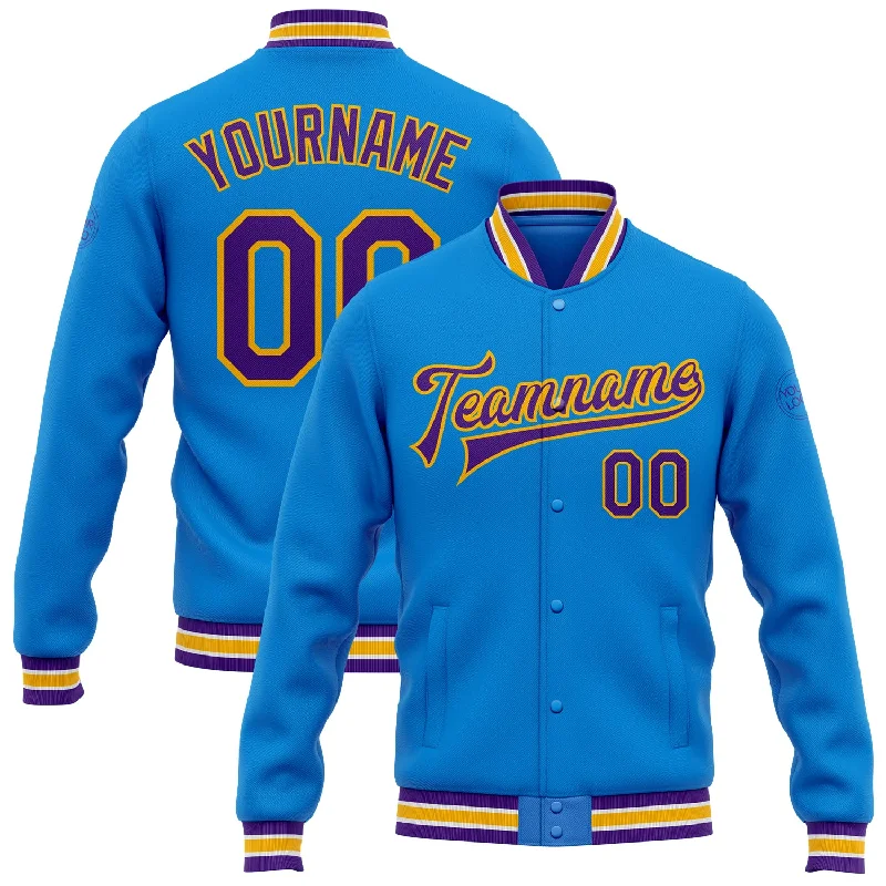 Trendy Velvet Jacket for Elegant Winter Fashion-Custom Powder Blue Purple-Gold Bomber Full-Snap Varsity Letterman Jacket