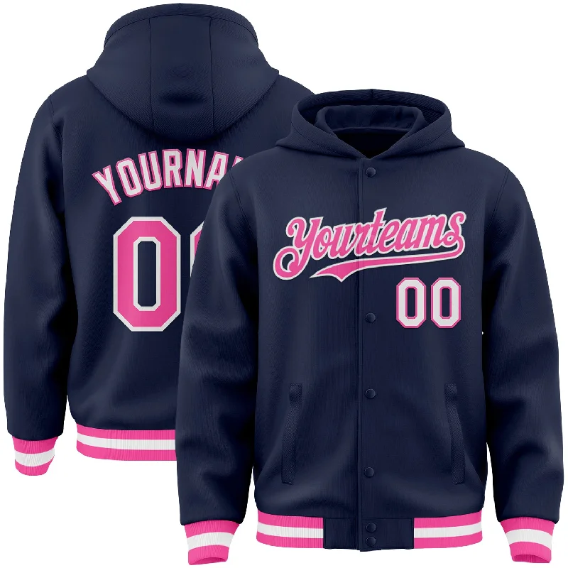 Soft Velour Hoodie for Luxe Comfort-Custom Navy Pink-White Bomber Full-Snap Varsity Letterman Hoodie Jacket