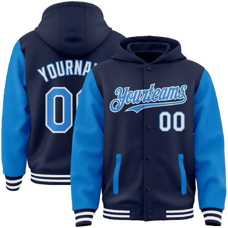 Fashionable Hoodie for Going Out-Custom Navy Powder Blue-White Bomber Full-Snap Varsity Letterman Two Tone Hoodie Jacket