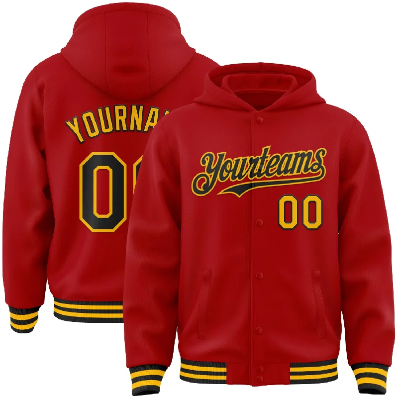 Lightweight Hoodie for Warm Fall Days-Custom Red Black-Gold Bomber Full-Snap Varsity Letterman Hoodie Jacket