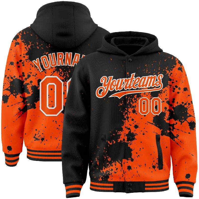 Warm Hoodie for Layering in Fall-Custom Black Orange-White Abstract Splash Grunge Art 3D Pattern Design Bomber Full-Snap Varsity Letterman Hoodie Jacket