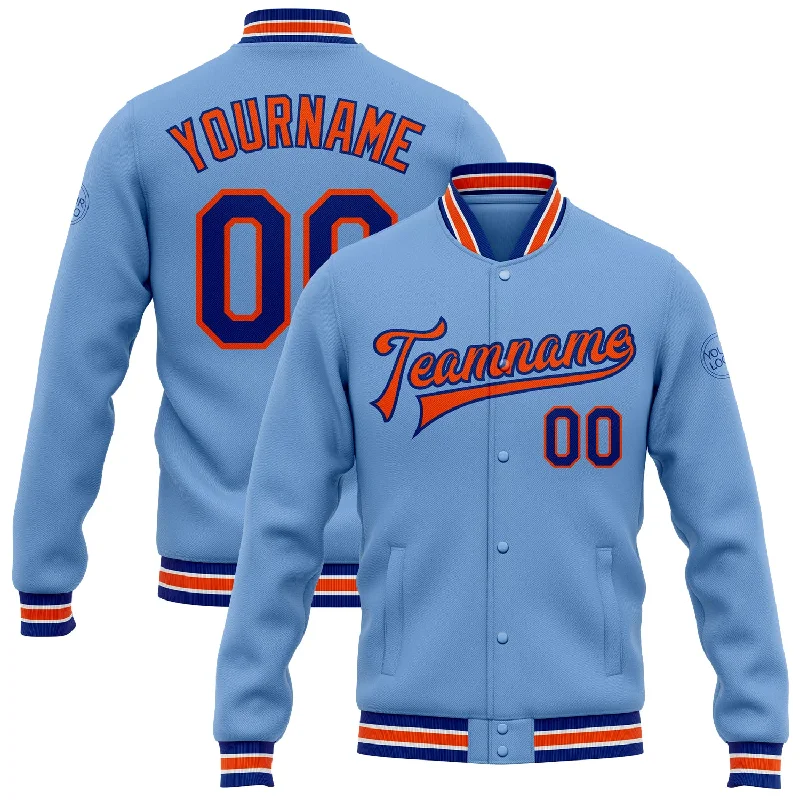 Casual Military Style Jacket for Practical Wear-Custom Light Blue Royal-Orange Bomber Full-Snap Varsity Letterman Jacket