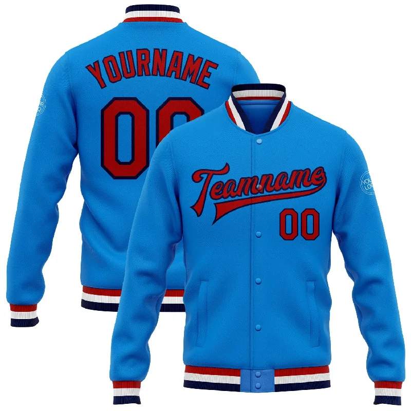 Performance Zip-Up Jacket for Running or Cycling-Custom Powder Blue Red-Navy Bomber Full-Snap Varsity Letterman Jacket