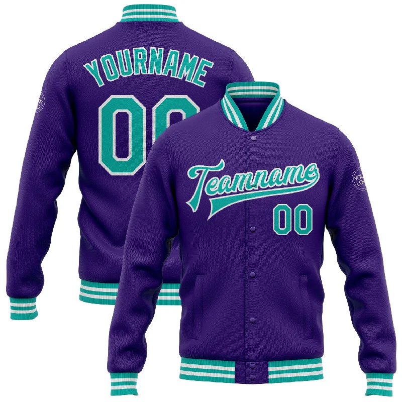 Trendy Velvet Jacket for Elegant Winter Fashion-Custom Purple Aqua-White Bomber Full-Snap Varsity Letterman Jacket