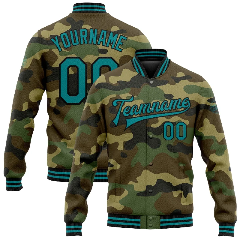 Functional Waterproof Jacket for Outdoor Activities-Custom Camo Teal-Black Bomber Full-Snap Varsity Letterman Salute To Service Jacket