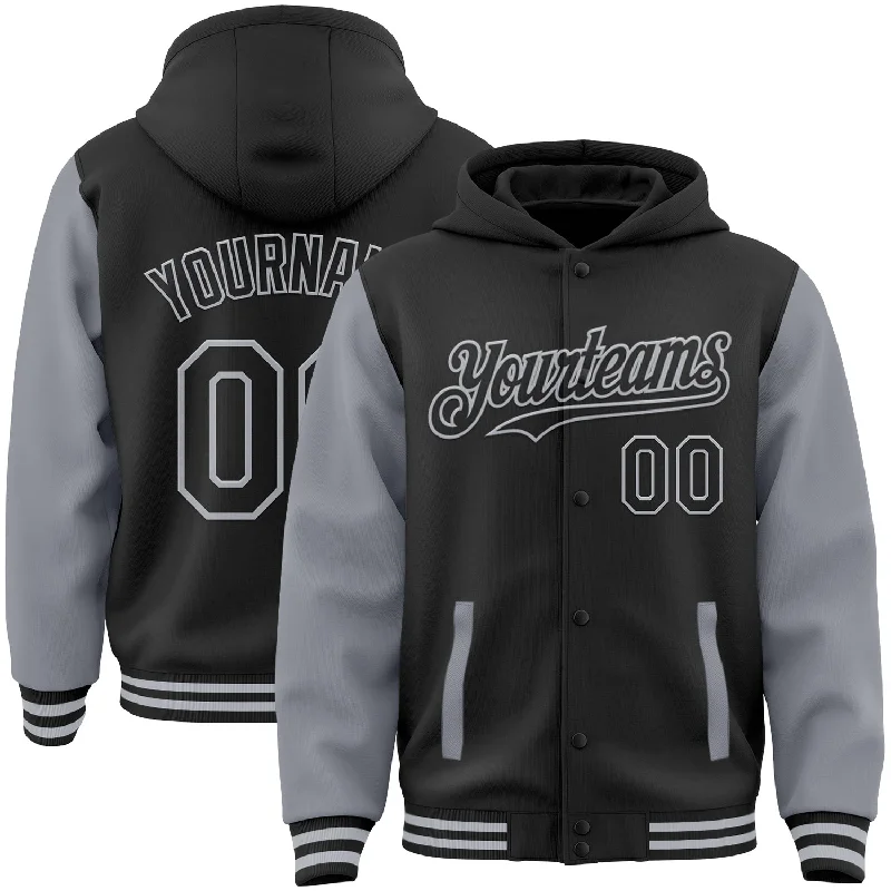 Zip-Up Hoodie for Easy On-and-Off Wear-Custom Black Gray Bomber Full-Snap Varsity Letterman Two Tone Hoodie Jacket