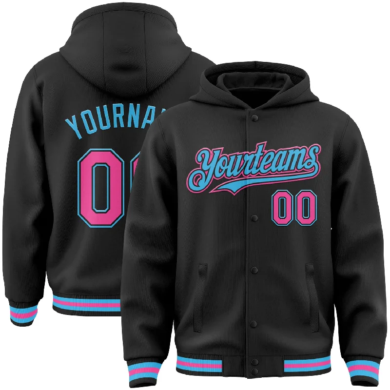 Comfortable Hoodie with Large Front Pocket-Custom Black Pink-Sky Blue Bomber Full-Snap Varsity Letterman Hoodie Jacket