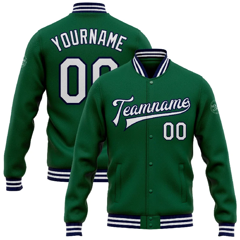 Stylish Zip-Up Outdoor Jacket for All-Day Comfort-Custom Kelly Green White-Navy Bomber Full-Snap Varsity Letterman Jacket