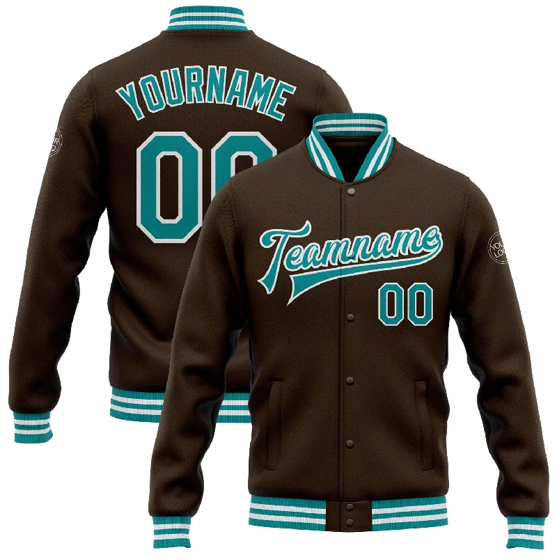 Vintage-Inspired Leather Motorcycle Jacket-Custom Brown Teal-White Bomber Full-Snap Varsity Letterman Jacket