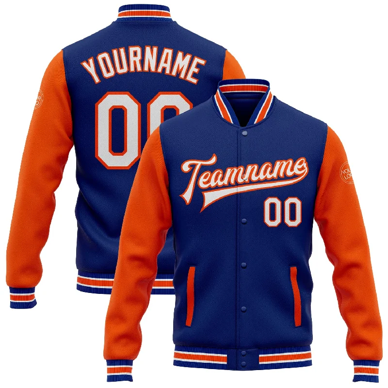 Athletic Zip Jacket for Sports Performance-Custom Royal White-Orange Bomber Full-Snap Varsity Letterman Two Tone Jacket