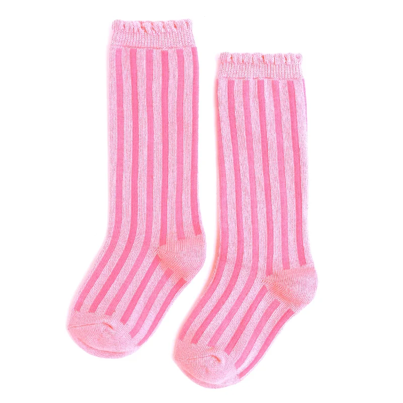 Light Compression Socks for Sports and Travel-Blossom Striped Scalloped Knee HIgh Socks