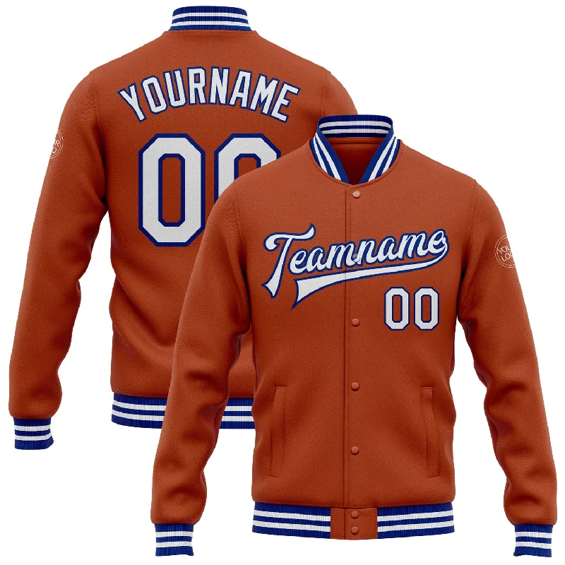 Athletic Zip Jacket for Sports Performance-Custom Texas Orange White-Royal Bomber Full-Snap Varsity Letterman Jacket