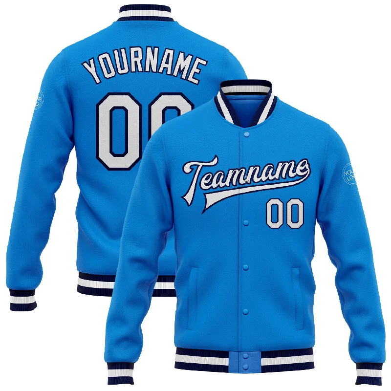 Cozy Long Parka Jacket for Winter Warmth-Custom Powder Blue White-Navy Bomber Full-Snap Varsity Letterman Jacket