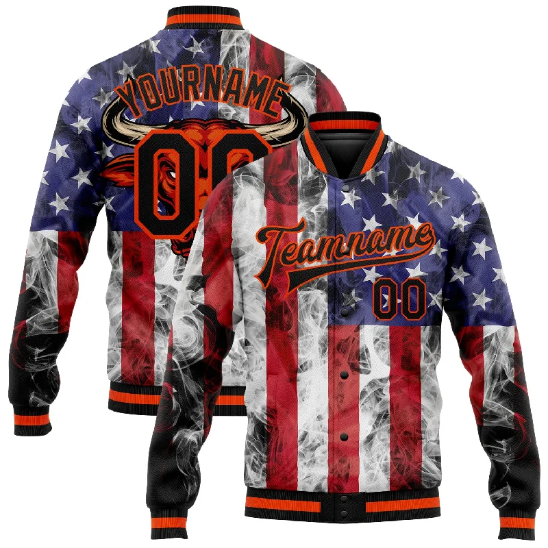 Slim Fit Puffer Jacket for Stylish Winter Wear-Custom Royal Black Orange-Red American Flag With Head Of Bull 3D Pattern Design Bomber Full-Snap Varsity Letterman Jacket