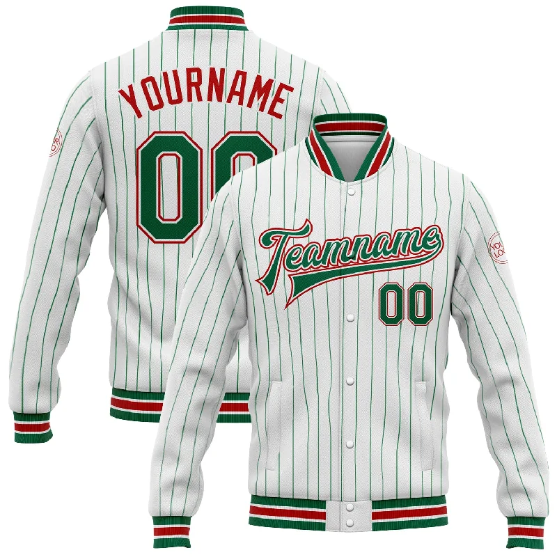 Heavy Duty Work Jacket for Tough Environments-Custom White Kelly Green Pinstripe Red Bomber Full-Snap Varsity Letterman Jacket