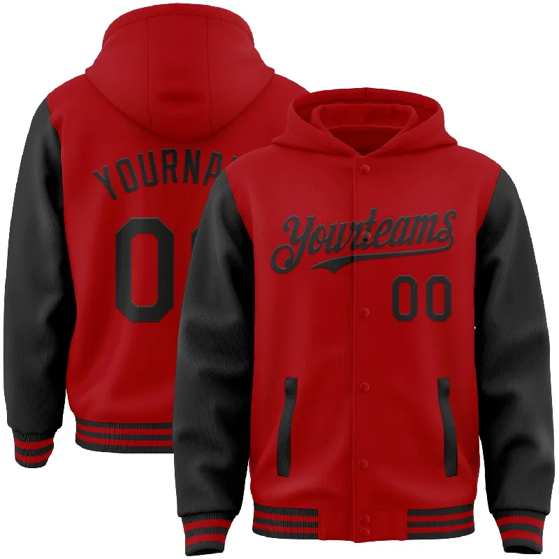 Comfortable Hoodie with Large Front Pocket-Custom Red Black Bomber Full-Snap Varsity Letterman Two Tone Hoodie Jacket