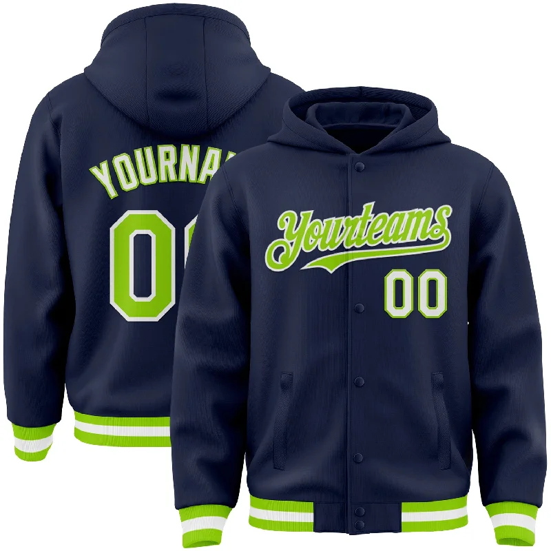 Cozy Hoodie with Side Pockets for Extra Storage-Custom Navy Neon Green-White Bomber Full-Snap Varsity Letterman Hoodie Jacket