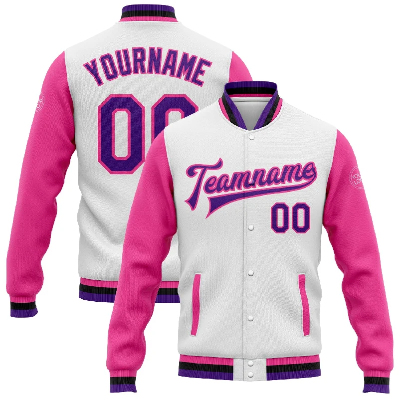 Performance Zip-Up Jacket for Running or Cycling-Custom White Purple Pink-Black Bomber Full-Snap Varsity Letterman Two Tone Jacket