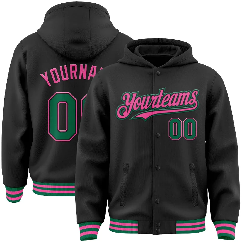 Customizable Hoodie for Personalized Gifts-Custom Black Kelly Green-Pink Bomber Full-Snap Varsity Letterman Hoodie Jacket