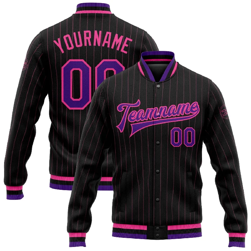 Slim Fit Trench Coat Jacket for Timeless Fashion-Custom Black Pink Pinstripe Purple Bomber Full-Snap Varsity Letterman Jacket